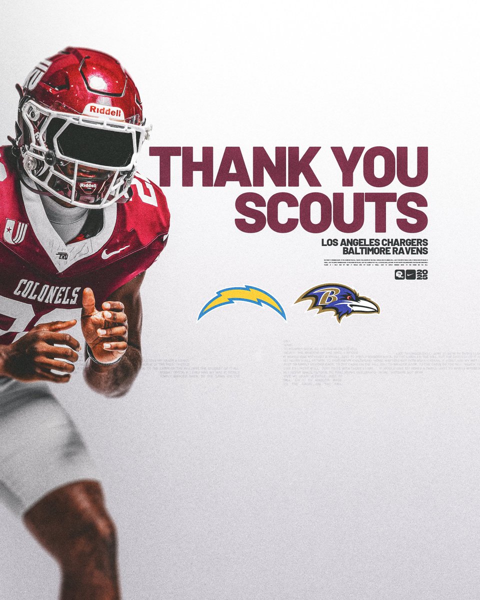 EKU Football (@ekufootball) on Twitter photo Thank you to the <a href="/chargers/">Los Angeles Chargers</a> and <a href="/Ravens/">Baltimore Ravens</a> for stopping by to scout the Colonels!
#E2W | #MatterOfPride Thank you to the <a href="/chargers/">Los Angeles Chargers</a> and <a href="/Ravens/">Baltimore Ravens</a> for stopping by to scout the Colonels!
#E2W | #MatterOfPride