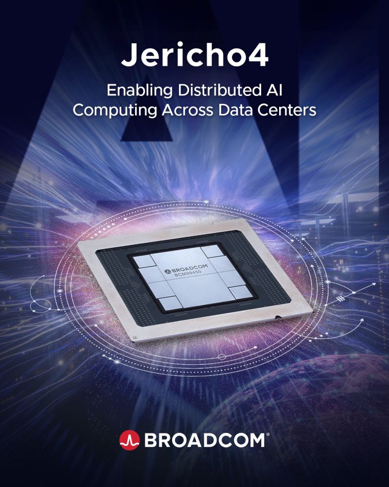 BroadcomSwitch's tweet image. 🚀 Introducing Jericho4: The game-changer in distributed AI infrastructure! Ready to interconnect over 1 million XPUs across multiple data centers, Jericho4 is redefining what&apos;s possible. #ConnectedByBroadcom 
brcm.tech/3UOVeqM
