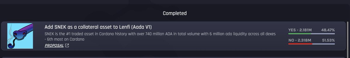 In 2023, $SNEK was a few votes away from getting rejected on a governance vote to be used as a collateral asset on Lenfi. It passed by the slimmest of margins 50.1% to 49.9%. Many of the "no" votes came from users thinking because $SNEK was a memecoin, it shouldn't be approved.
