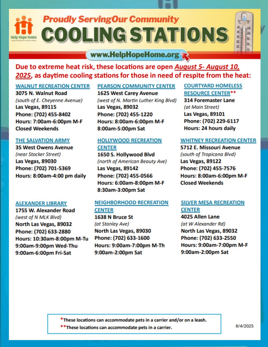 Clark County Nevada (@clarkcountynv) on Twitter photo Due to high temperatures expected in Southern Nevada, cooling stations across the region are activated. The locations will be open through Sunday. August 10.
See below for more information or visit the <a href="/HelpHopeHome/">Help Hope Home</a> website at helphopehome.org/get-help/.
#Vegas #VegasWeather Due to high temperatures expected in Southern Nevada, cooling stations across the region are activated. The locations will be open through Sunday. August 10.
See below for more information or visit the <a href="/HelpHopeHome/">Help Hope Home</a> website at helphopehome.org/get-help/.
#Vegas #VegasWeather