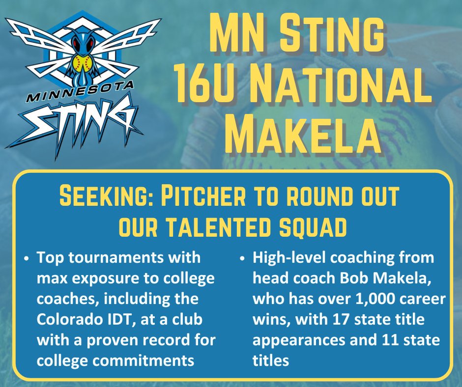 MN Sting Fastpitch (@mnstingfp) on Twitter photo We had a great first day of tryouts, but we're looking for a few athletes to complete our amazing teams! Email our coaches directly to schedule a tryout or chris@mnsting.org for program information. We had a great first day of tryouts, but we're looking for a few athletes to complete our amazing teams! Email our coaches directly to schedule a tryout or chris@mnsting.org for program information.