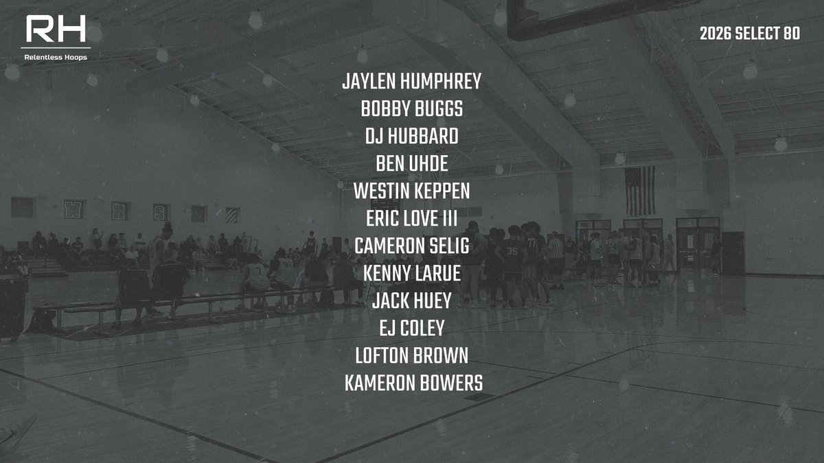 Trent Markwith (@tmarkwith14) on Twitter photo Some of the early additions to the <a href="/Relentless_Hoop/">Relentless Hoops</a> 2026 Select 80:
Jaylen Humphrey
Bobby Buggs
DJ Hubbard
Ben Uhde
Westin Keppen
Eric Love III
Cam Selig
Kenny LaRue
Jack Huey
EJ Coley
Lofton Brown
Kameron Bowers (Tennessee)
More Info:
relentless-hoops.com/camps/ Some of the early additions to the <a href="/Relentless_Hoop/">Relentless Hoops</a> 2026 Select 80:
Jaylen Humphrey
Bobby Buggs
DJ Hubbard
Ben Uhde
Westin Keppen
Eric Love III
Cam Selig
Kenny LaRue
Jack Huey
EJ Coley
Lofton Brown
Kameron Bowers (Tennessee)
More Info:
relentless-hoops.com/camps/