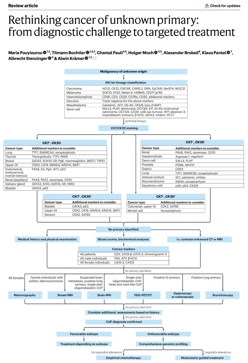 Excellent review in <a href="/NatRevClinOncol/">NatureRevClinOncol</a>📣🌟

An integrated algorithm for Cancer of Unknown Primary diagnosis &amp; treatment combines histologic morphology, IHC, gene expression profiling &amp; genomic sequencing, establishing a new therapeutic paradigm.

doi.org/10.1038/s41571… <a href="/OncoAlert/">OncoAlert</a>