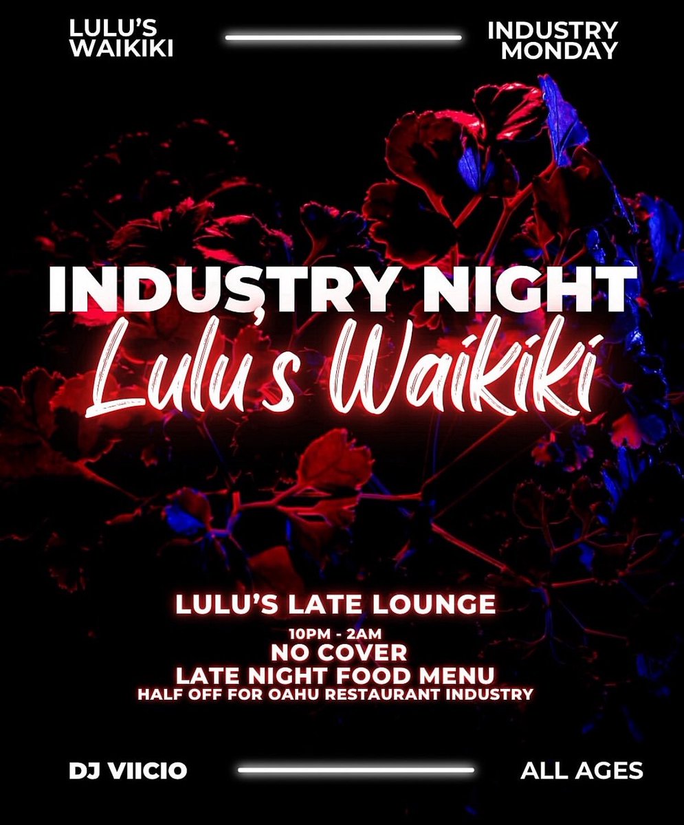 Happy Industry Monday! 🌴🎶
Live music by #thaddeus_jennings (7–10 PM) 🎸
Late night lounge w/ DJ #djviicio (10 PM–2 AM) 🎧
Half off food + drinks all night 🍹🍔
No cover • All ages welcome
Come vibe, dine &amp; unwind. #Aloha ✨