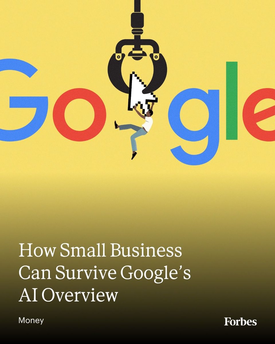 Forbes's tweet photo. Website traffic is hanging by a thread in the AI search revolution. Small businesses need to adapt before it starts cutting their clicks too. (Illustration: Macy Sinreich for Forbes; Images by Pacharawi Imsuwan; Malte Mueller via Getty Images) https://t.co/gIHPwp3Fml https://t.co/TRYS7gRIJ6