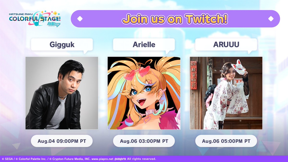Several influencers will be going LIVE on Twitch~

Come vibe, request songs, and watch them get full combos!
🎧 twitch.tv/gigguk
✨ twitch.tv/Arielle
🌙 twitch.tv/ARUUU