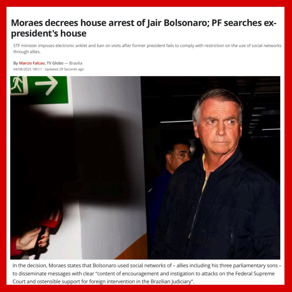 BolsonaroSP's tweet image. My father, Jair Bolsonaro, was arrested today for supporting, from his own home, the Brazilian people who took to the streets to demonstrate against the abuses of supreme court justice Alexandre de Moraes. And because me and my brothers posted pictures of him.

A prison without…