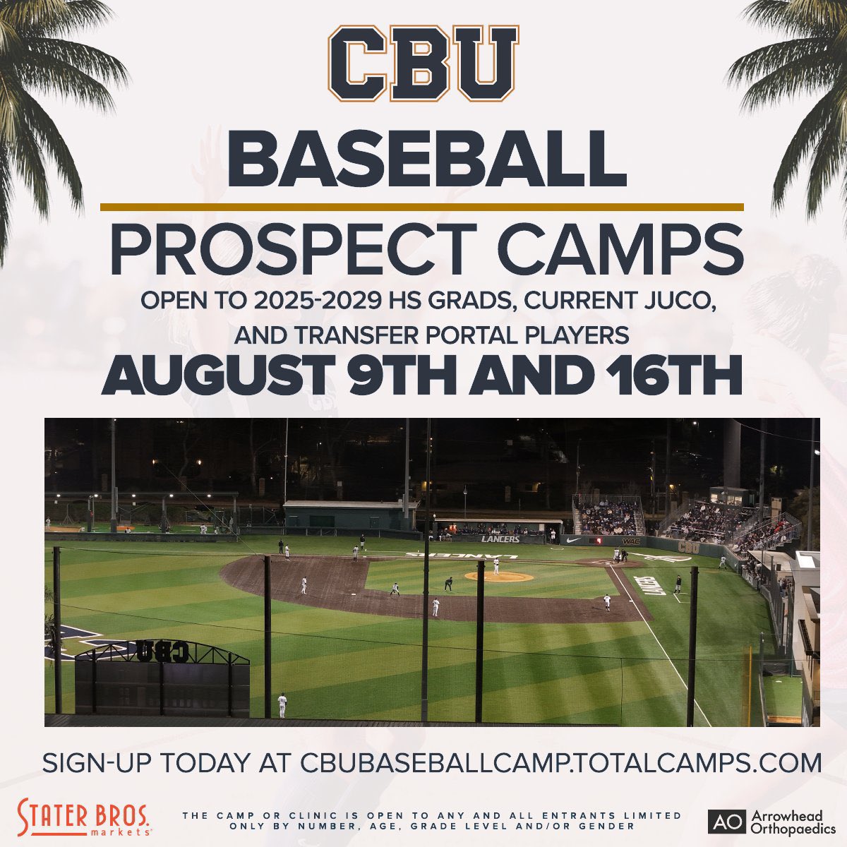 ☀️Less than 1 week til our August 9th Prospect camp!! ☀️

Can’t wait for a great event with our entire staff to end the summer! 

Link to sign below 👇 

cbubaseballcamp.totalcamps.com
