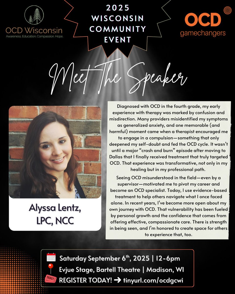 Meet Alyssa Lentz, LPC, NCC—OCD specialist, therapist, and lived experience advocate.

From misdiagnosis in childhood to becoming the kind of provider she once needed, Alyssa’s story is one of healing and hope.

🗓 Sept 6 | Madison, WI

🎟 tinyurl.com/ocdgcwi