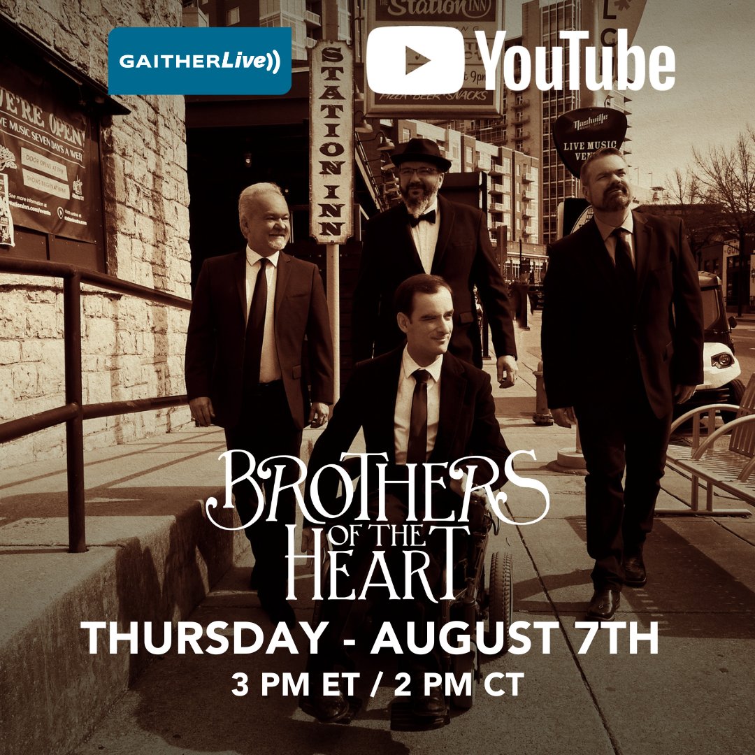 Tune in on Thursday, August 7th at 2 PM CT / 3 PM ET to watch a LIVE Brothers of the Heart Concert on the Gaither Music TV YouTube channel! Join Jimmy, Ben, Mike, and Bradley for an exclusive, online acoustic concert! Set your reminder here: youtube.com/live/rp6XlQTel…