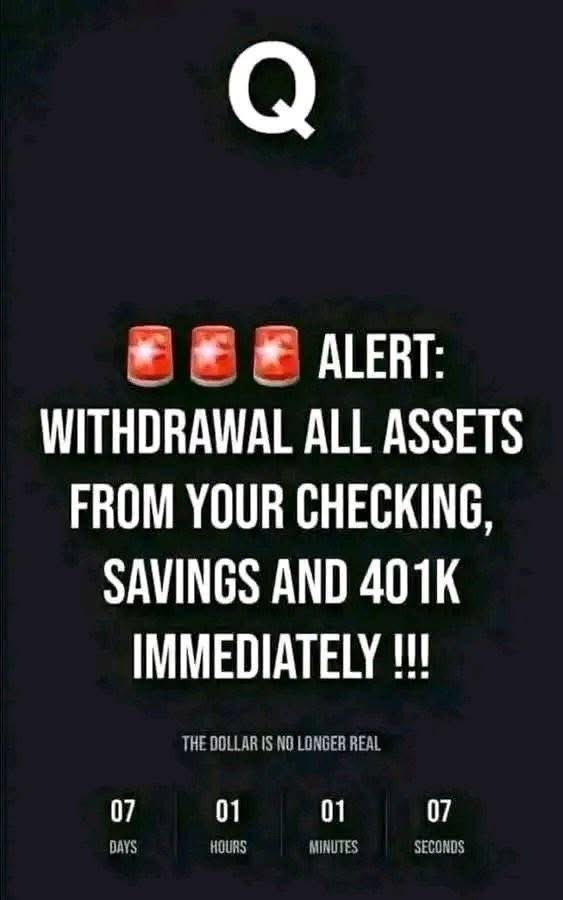 Switch your 401k and IRA to QFS, and also purchase the Recommended ISO coins XLM and XRP through a decentralized wallet and back them up in your QFS ledger.! Message me for guidelines on how to set up a new QFS ledger account (xrp and xlm) are the only hope and saviour.