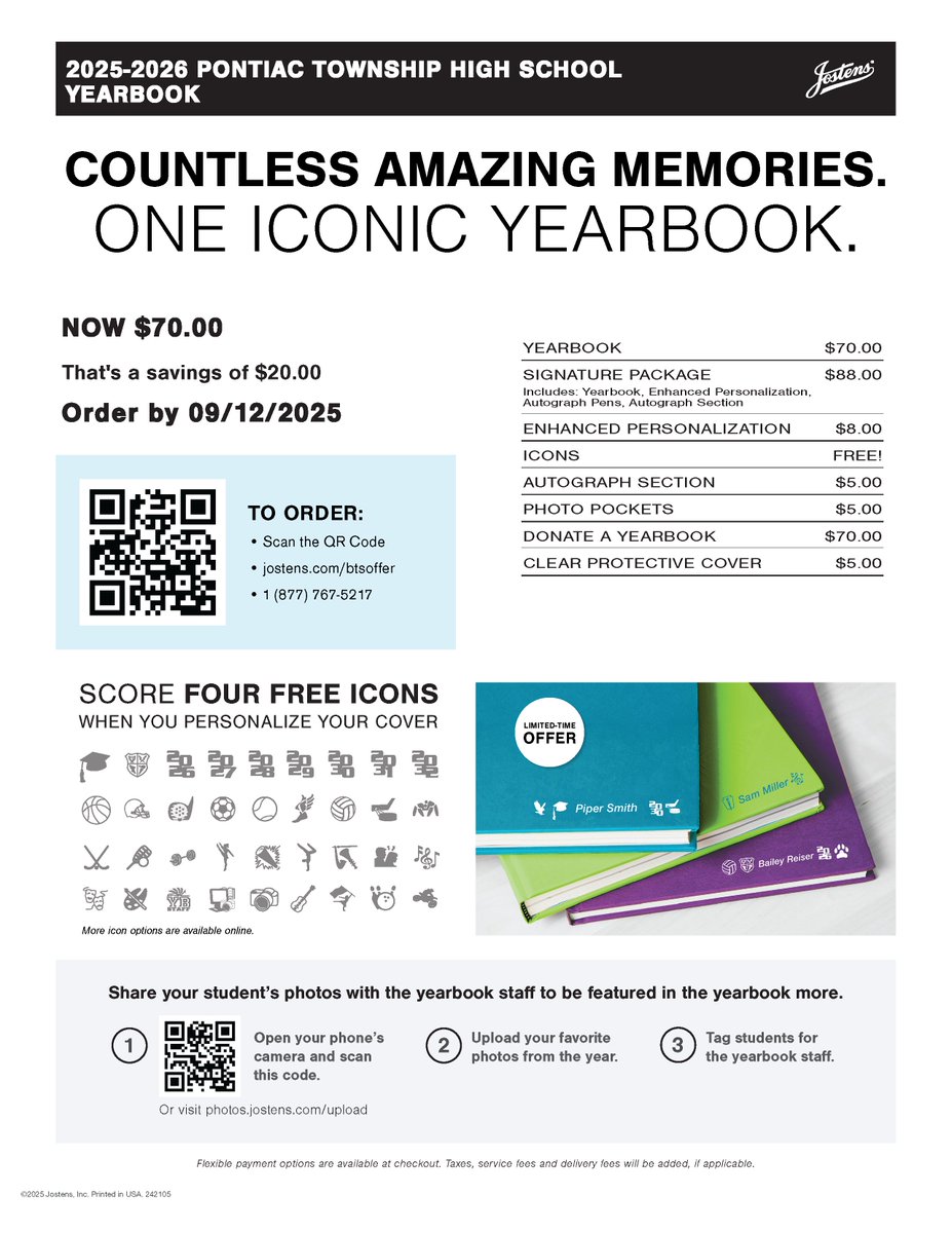 Get a good deal on your 2025-2026 yearbook when you order online by September 12, 2025. Get it for only $70.00 - that's a savings of $20.  See the flyer for all the important information on how to order.