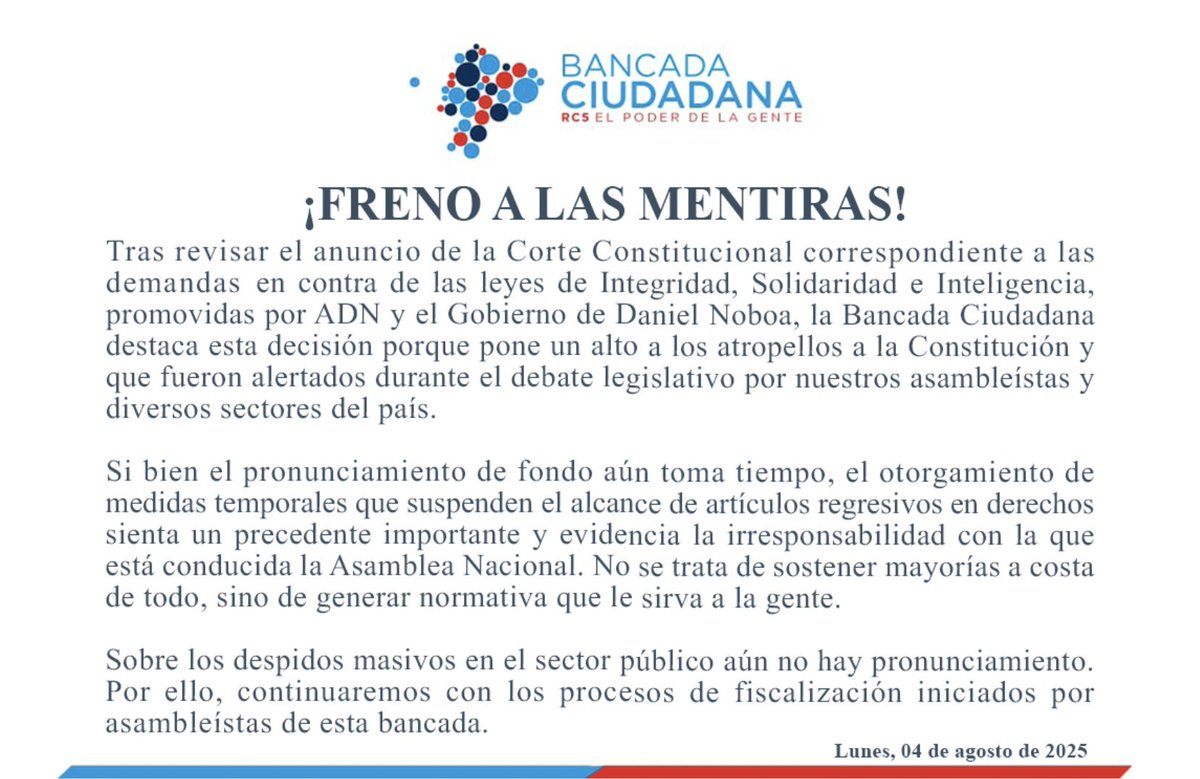 La Mira EC (@lamiraecuador) on Twitter photo ¡LA CORTE FRENA LOS ATROPELLOS!
<a href="/BancadaRC5/">Bancada Ciudadana</a> se pronuncia tras la decisión de la <a href="/CorteConstEcu/">Corte Constitucional</a> de suspender articulados de las últimas leyes de Noboa ¡LA CORTE FRENA LOS ATROPELLOS!
<a href="/BancadaRC5/">Bancada Ciudadana</a> se pronuncia tras la decisión de la <a href="/CorteConstEcu/">Corte Constitucional</a> de suspender articulados de las últimas leyes de Noboa