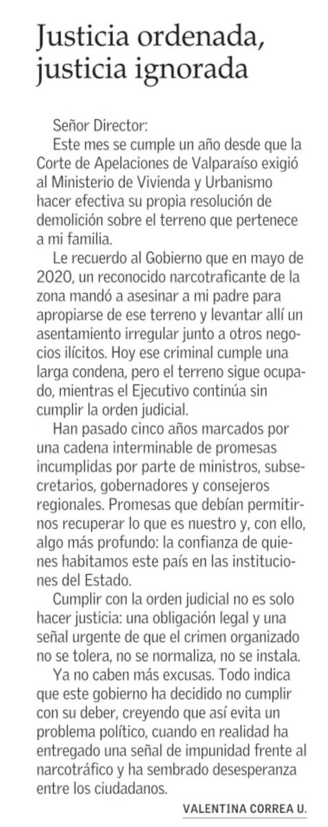 🇨🇱Jeanette BRUNA Abogada (@abogadabruna) on Twitter photo 🛑La sentida carta de una hija que exige que gobierno de <a href="/GabrielBoric/">Gabriel Boric Font</a> demuela construcciones ilegales en la toma del terreno por el que asesinaron a su padre los narcos
⚖️No pararemos hasta que autoridades cumplan y demuelan. Serviu aun espera platas de Minvu
#DemoliciónAhora 🛑La sentida carta de una hija que exige que gobierno de <a href="/GabrielBoric/">Gabriel Boric Font</a> demuela construcciones ilegales en la toma del terreno por el que asesinaron a su padre los narcos
⚖️No pararemos hasta que autoridades cumplan y demuelan. Serviu aun espera platas de Minvu
#DemoliciónAhora