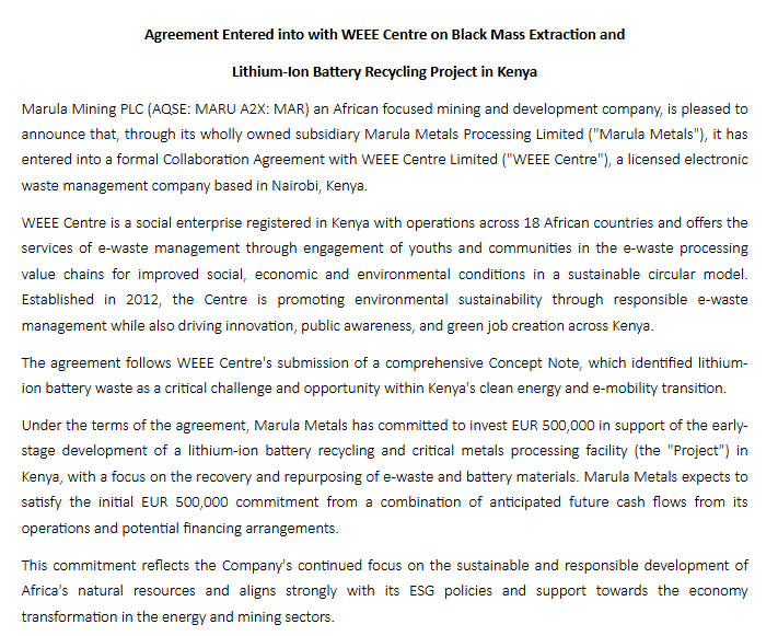 9. UK-listed Marula Mining has partnered with Nairobi’s WEEE Centre to launch a €500K lithium-ion battery recycling project in Kenya.

The facility will process used batteries to extract materials like lithium, cobalt, and nickel.