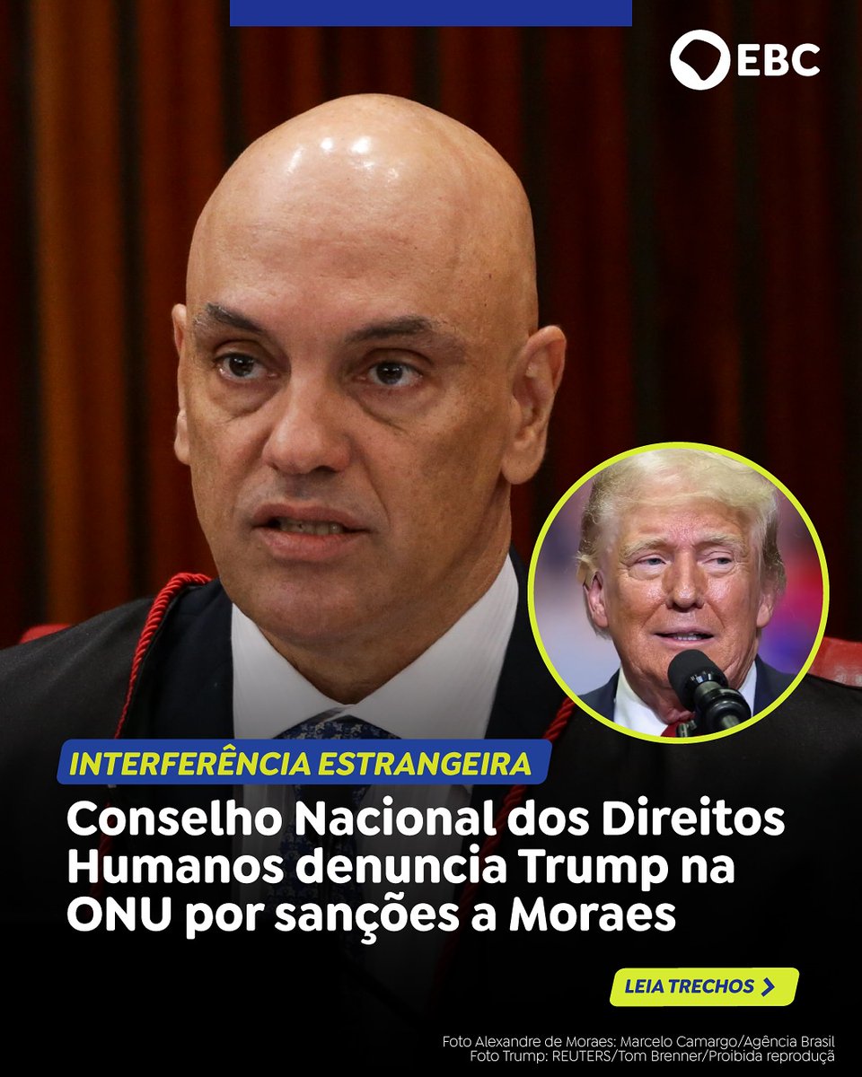 DEFESA DA SOBERANIA
O Conselho Nacional dos Direitos Humanos , vinculado ao Ministério dos Direitos Humanos, enviou, nessa segunda-feira (4), uma denúncia à ONU acerca das sanções impostas por Donald Trump, contra os ministros do STF , em especial Alexandre de Moraes.