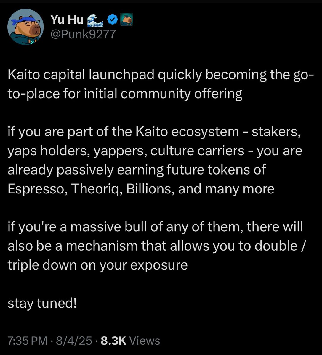 Goodnight fam ✌🏾

Yu Hu just dropped some alpha on the Kaito launchpad 

Looks like there’ll be plenty of ways to earn tokens passively

Should get <a href="/TheoriqAI/">Theoriq</a> sale allocation details soon

Wonder if <a href="/Novastro_xyz/">Novastro | RWAfi</a> joins the launchpad too