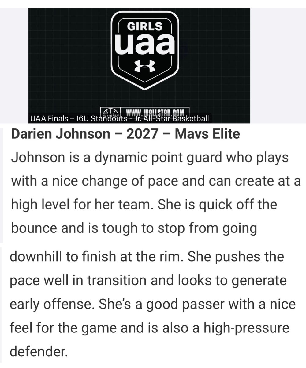 Darien Johnson (@darienjohnsonpg) on Twitter photo Very Blessed to be a part of this amazing organization <a href="/pd_skillz/">Mavs Elite GUAA</a> and to be on The Circuit! <a href="/UANextGHoops/">Girls UAA</a> Thank you <a href="/JrAllStarBB/">Jr. All-Star Girls Basketball</a> for the recognition and the write-up, The Marathon Continues! 🏁🔥🫶🏾🏀💪🏾 🙏🏾<a href="/JrAllStarOK/">Oklahoma Jr. All-Star Basketball</a> <a href="/DeerCreekWBB/">Deer Creek High School Girls Basketball</a> <a href="/WorldExposureWB/">World Exposure Report Women’s Basketball</a> <a href="/abovelinehoops/">Abovethelinehoops</a> <a href="/PrepGirlsHoops/">Prep Girls Hoops 🏀</a> Very Blessed to be a part of this amazing organization <a href="/pd_skillz/">Mavs Elite GUAA</a> and to be on The Circuit! <a href="/UANextGHoops/">Girls UAA</a> Thank you <a href="/JrAllStarBB/">Jr. All-Star Girls Basketball</a> for the recognition and the write-up, The Marathon Continues! 🏁🔥🫶🏾🏀💪🏾 🙏🏾<a href="/JrAllStarOK/">Oklahoma Jr. All-Star Basketball</a> <a href="/DeerCreekWBB/">Deer Creek High School Girls Basketball</a> <a href="/WorldExposureWB/">World Exposure Report Women’s Basketball</a> <a href="/abovelinehoops/">Abovethelinehoops</a> <a href="/PrepGirlsHoops/">Prep Girls Hoops 🏀</a>