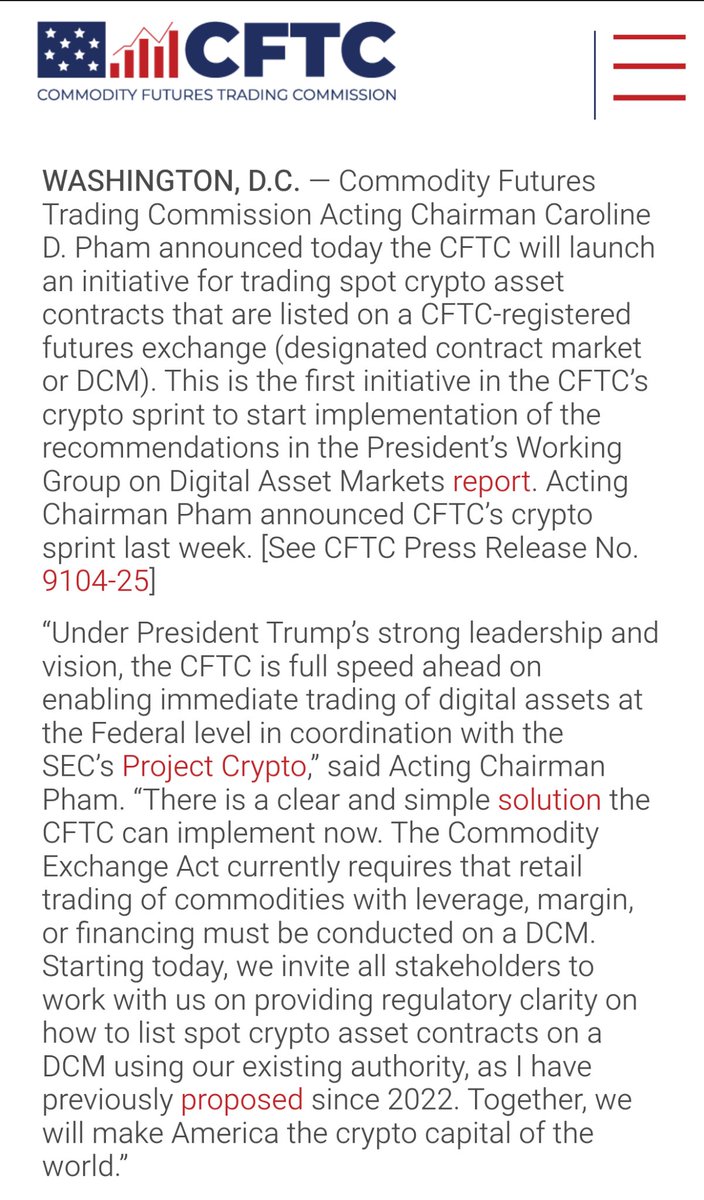 JUST IN: 🇺🇸 CFTC moves to enable spot crypto trading via registered futures exchanges.