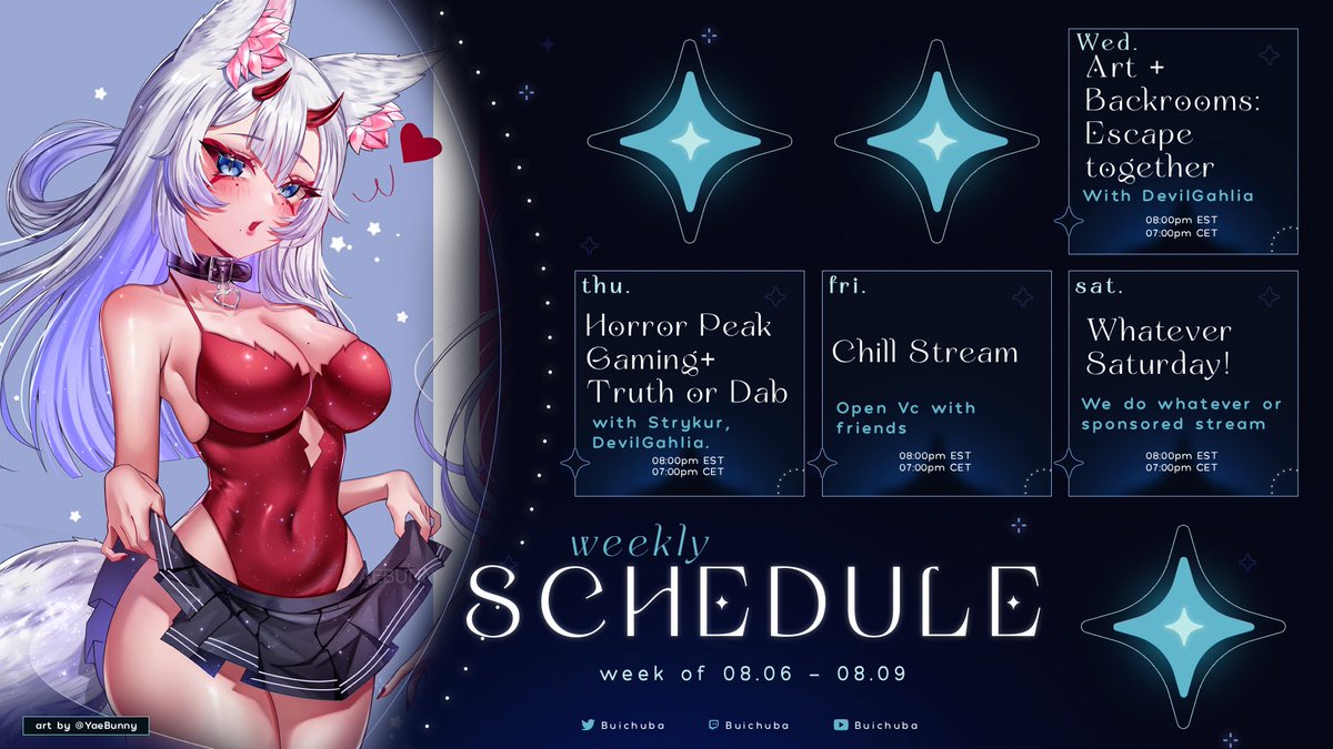 🪷Announcement🪷
I know Finally a schedule right?

More horror games this week ~ 
Plus some more artwork and chill!❤️

The Art livestreams might be moved over to a friends stream to help them get Twitch affiliate. 

Thank you guys for being here with me it means the world!
