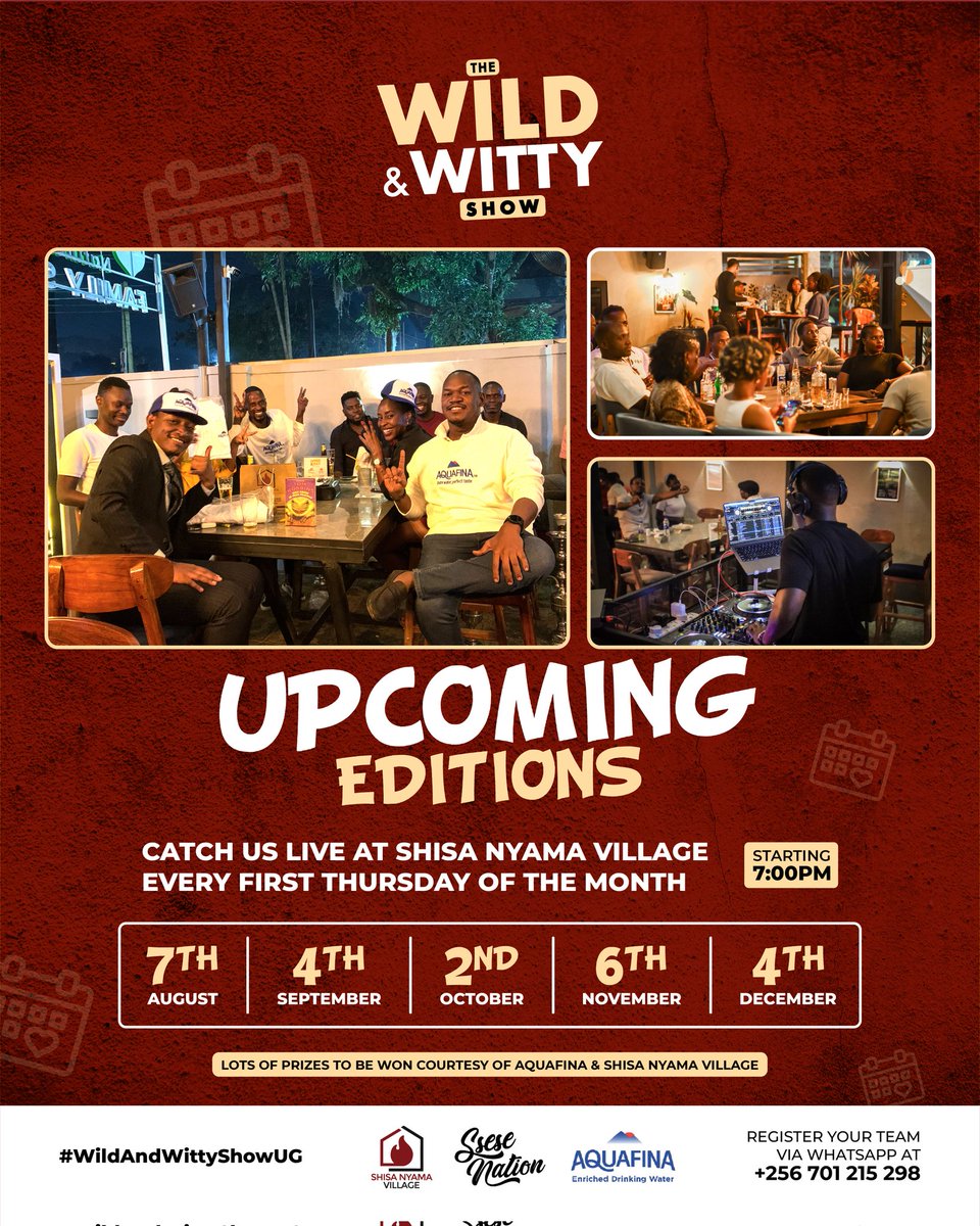 <a href="/WildnWittyShow/">The Wild And Witty Show</a> is a live trivia and improv game night where wit wins over facts.

Come through this Thursday at <a href="/shisavillage/">Shisa Nyama Village</a> in Bugolobi for another unforgettable edition.

Trivia kicks off at 7:00PM.

Powered by <a href="/SseseNation/">Ssese Nation</a> &amp; <a href="/AquafinaUganda/">Aquafina Uganda</a>