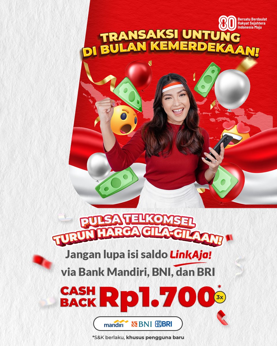 Sobat LinkAja, dapatkan cashback Rp1.700 saat isi saldo LinkAja via Bank Mandiri, BRI dan BNI. Kamu juga bisa dapat pulsa Telkomsel yang murahnya gila-gilaan di LinkAja!

Cek informasi lengkap di tautan berikut linkaja.id/promo/linkaja-…

Customer Service: livechat.linkaja.id