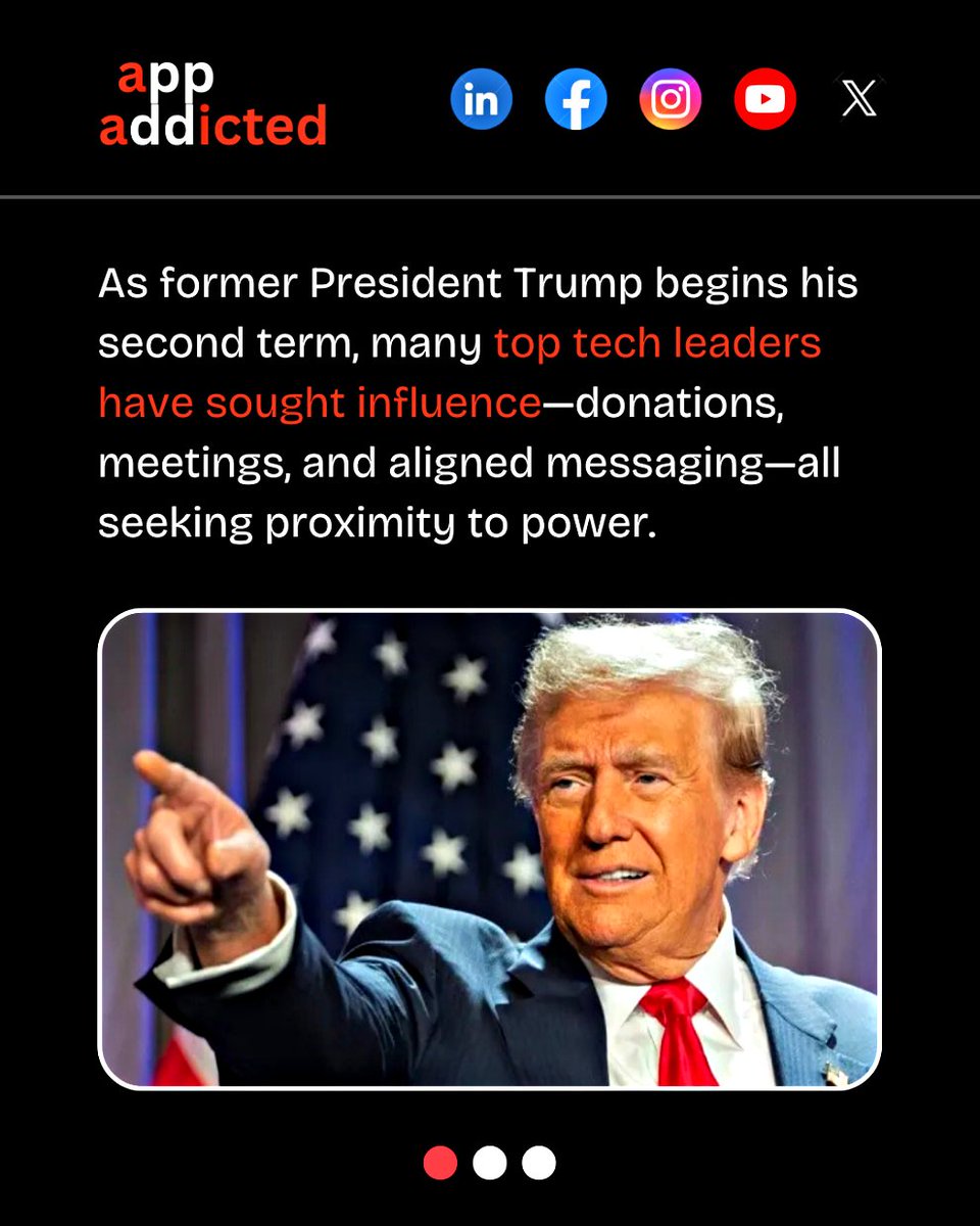 appaddicted_co's tweet image. Tech titans like Zuckerberg, Musk, and Cook are aligning early with Trump’s second term—seeking influence amid rising tariffs and antitrust pressure. This isn’t just politics. It’s a strategic move shaping AI &amp;amp; tech policy ahead.

#TechPolicy #TrumpTech #TechLeaders #ElonMusk