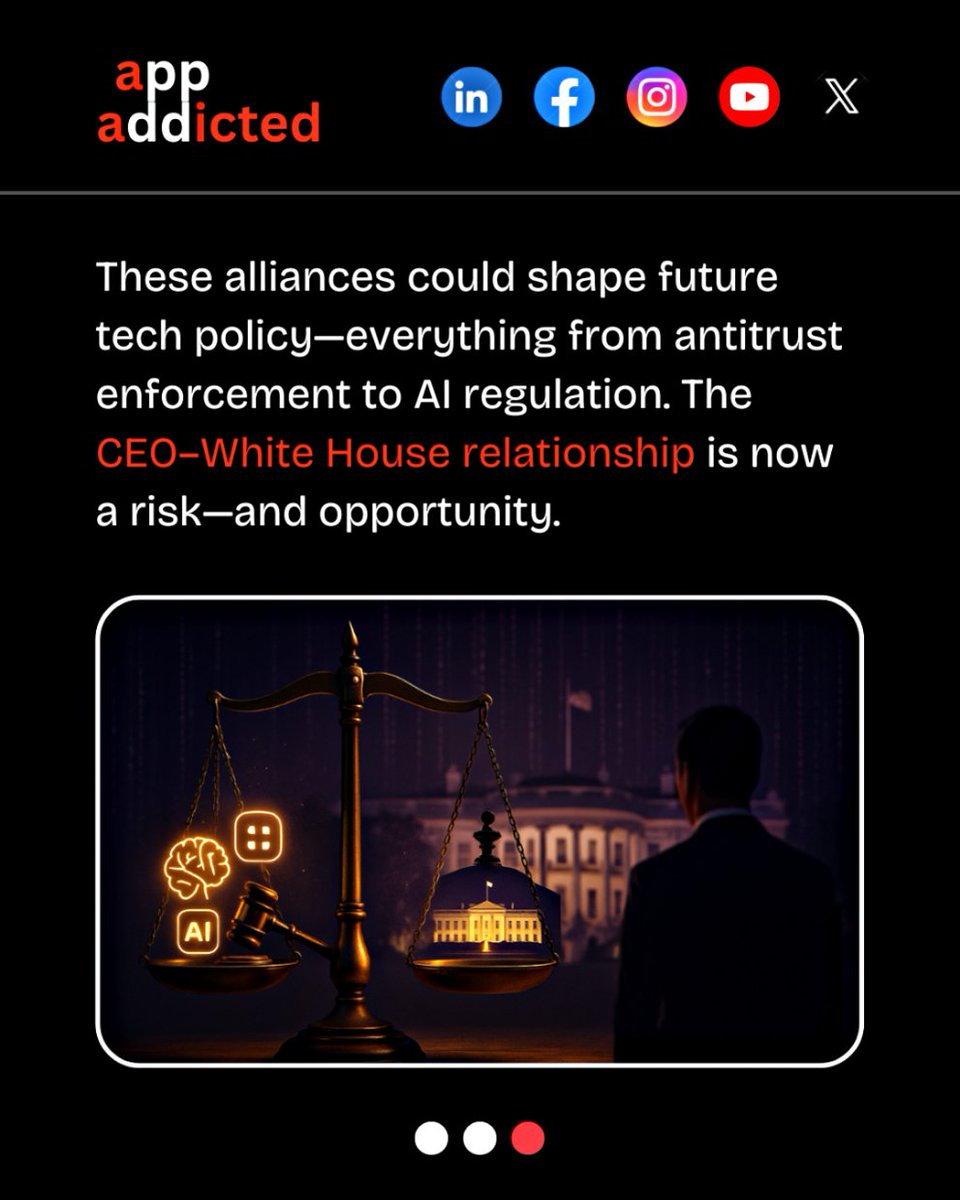 appaddicted_co's tweet image. Tech titans like Zuckerberg, Musk, and Cook are aligning early with Trump’s second term—seeking influence amid rising tariffs and antitrust pressure. This isn’t just politics. It’s a strategic move shaping AI &amp;amp; tech policy ahead.

#TechPolicy #TrumpTech #TechLeaders #ElonMusk