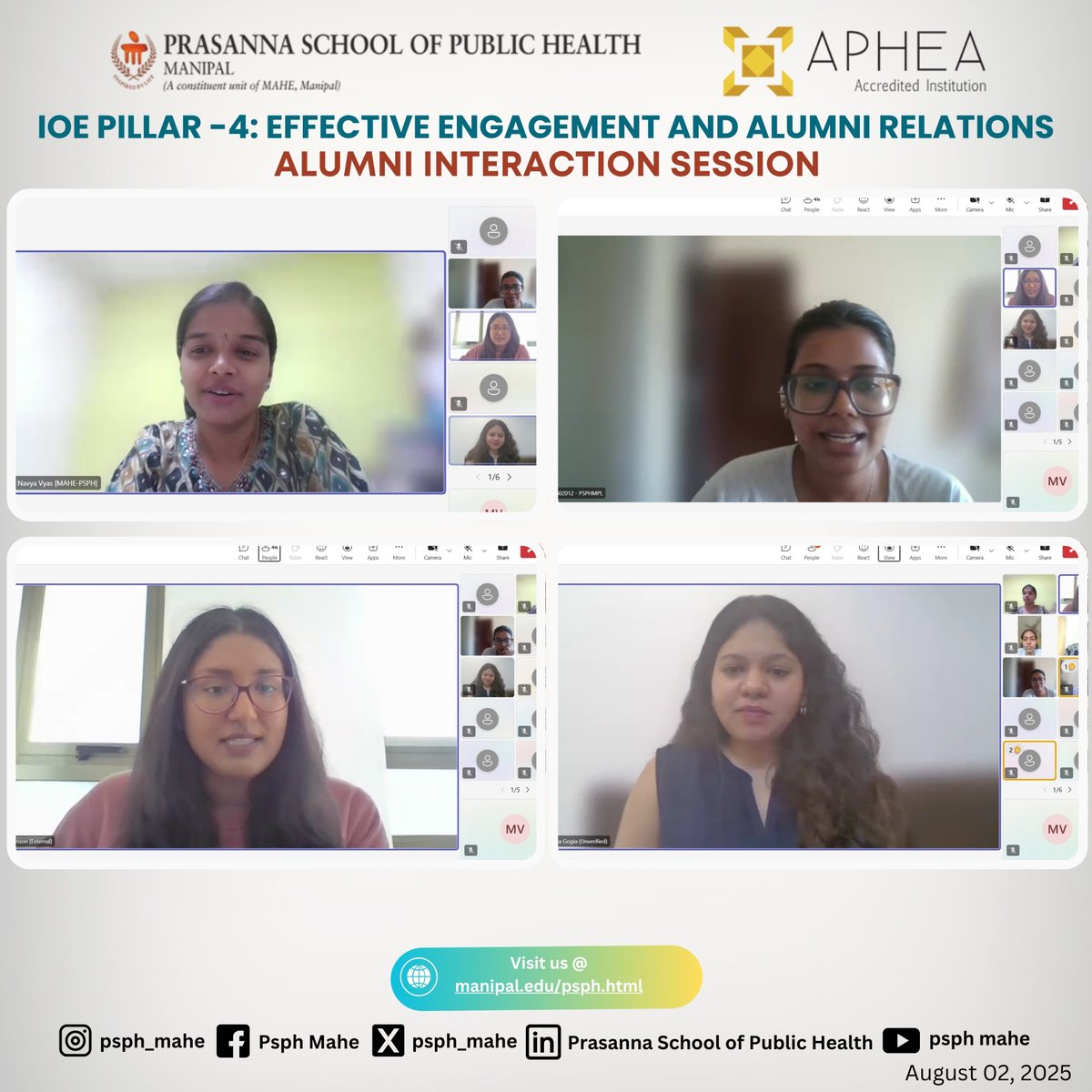 🌍✨ Alumni Interaction #PSPH, <a href="/MAHE_Manipal/">Manipal Academy of Higher Education</a> 
Topic: Exploring Career Pathways in Public Health &amp; Social Work - Aug 2, 2025 |Speakers:Dr. Sandra Johnson – OLA Foundation &amp; Dr. Keertana Gogia – Feeding India, Zomato
 #AlumniTalk #PublicHealth #SocialWork #CareerGuidanc