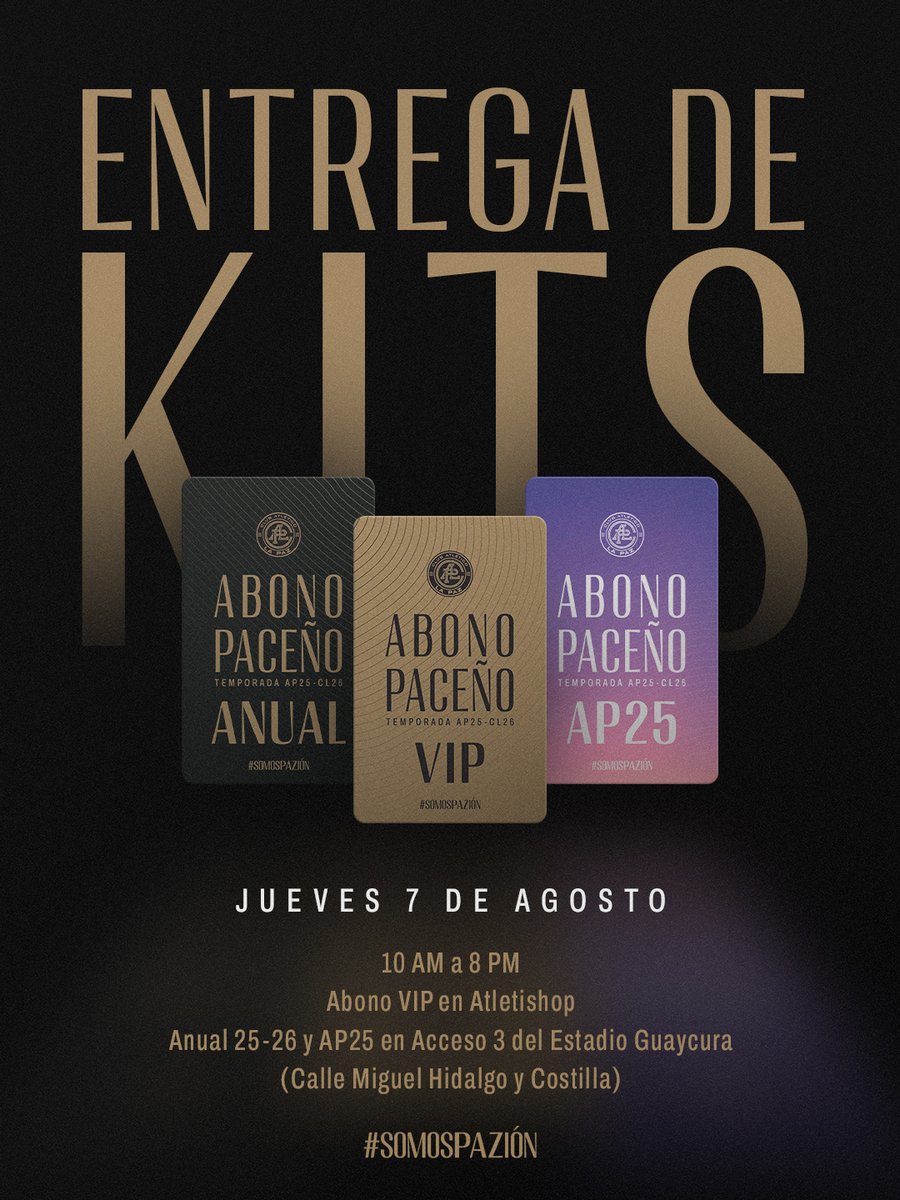 Familia abonada 🟠 ⚫️

El próximo Jueves 7 de agosto de 10AM a 8PM, se realizará la entrega del Abono Paceño físico en sus 3 modalidades:

🎫 Abono VIP: Atletishop 

🎟️ Abono Anual y Semestral: Acceso 3 del estadio Guaycura (Calle Miguel Hidalgo y Costilla)

No se te olvide traer