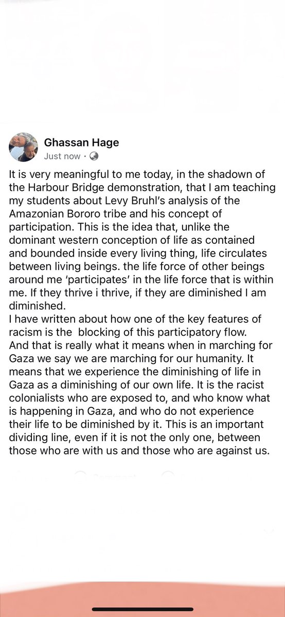 “If they thrive I thrive, if they are diminished I am diminished.” 

 Professor Ghassan Hage  <a href="/anthroprofhage/">Ghassan Hage</a> said in a status update today, we are indeed interconnected and our very humanity relies on the collective direction of the history being created, this very second.