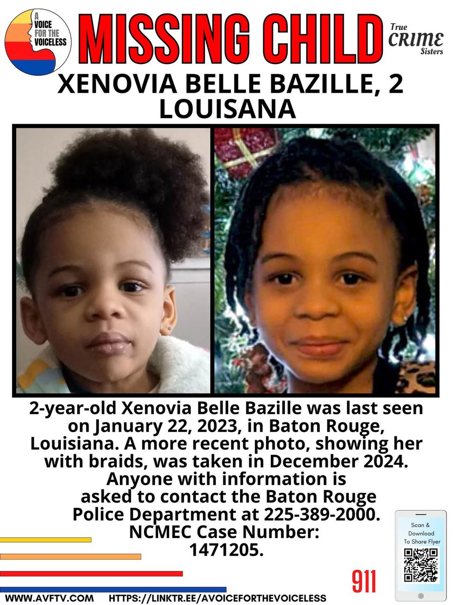 🚨 MISSING CHILD ALERT - SINCE 2023 - PLEASE READ AND SHARE 🚨

2-year-old Xenovia Belle Bazille was last seen on January 22, 2023, in Baton Rouge, LA. 

She is a female child. The photo of Xenovia with her hair in braids was taken in December 2024.

 If you have any information,