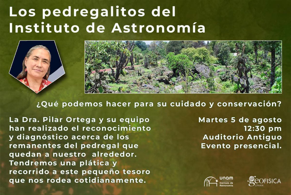 💫🌋
Asiste a la charla y recorrido que dará la Dra. Pilar Ortega, este martes 5/ago/25 a las 12:30h en el Auditorio Antiguo del Instituto de Astronomía, CU, UNAM.

El Geopedregal invita ✨