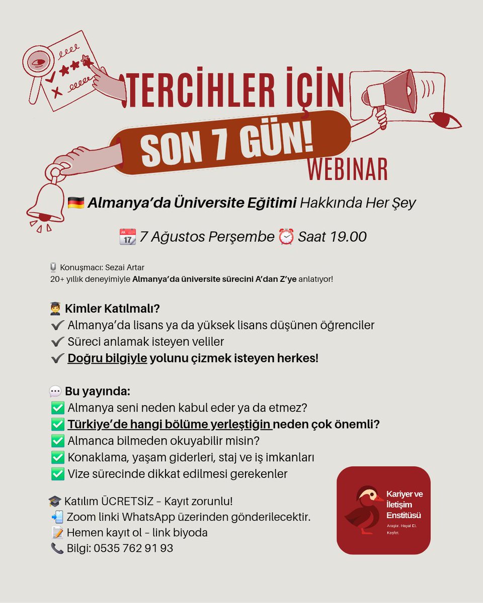 kienstitusu's tweet photo. 🎯 Tercihler için Son 7 Gün! Kala

🇩🇪 Almanya’da Üniversite Eğitimi Hakkında Her Şey
📆 7 Ağustos Perşembe
⏰ Saat 19.00
📍 Zoom – Canlı Yayın - Kayıt https://t.co/GT6ot4wWC1

🎙️ Konuşmacı: Sezai Artar
20+ yıllık deneyimiyle Almanya’da üniversite sürecini A’dan Z’ye anlatıyor! https://t.co/PD8u0RbVQm