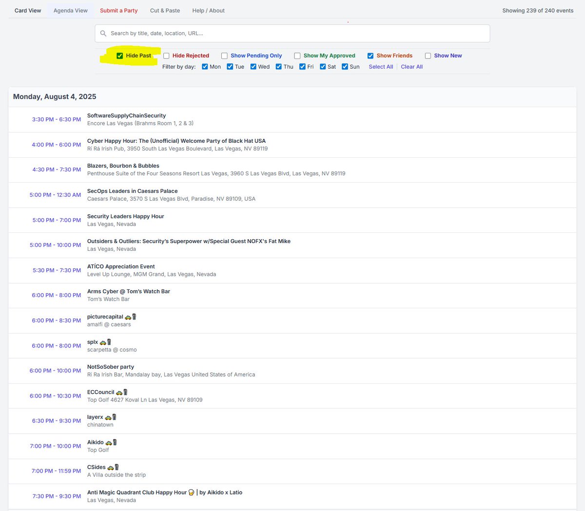 Seeing parties disappear? No, you haven't had that much to drink... yet.  We just cleaned things up! Past events are automatically hidden.   Lots of events are kicking off!  Where are you partying tonight?

info.defconparties.com