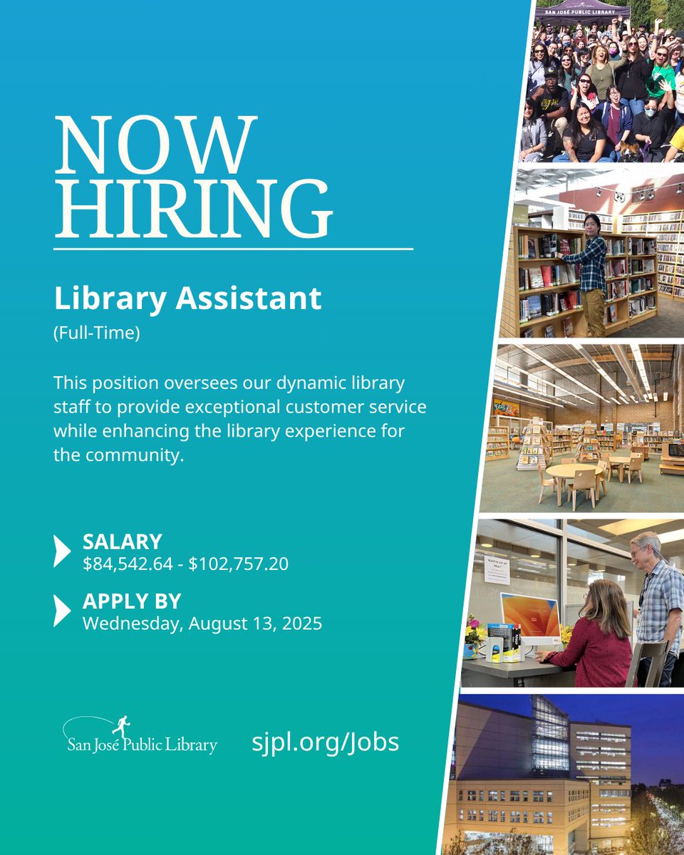 #NowHiring! 📣

The San José Public Library is seeking a Library Assistant with strong interpersonal and problem-solving skills to help enhance customers' experience. 

Apply by Wednesday, August 13, 2025

🔗 Visit sjpl.org/jobs