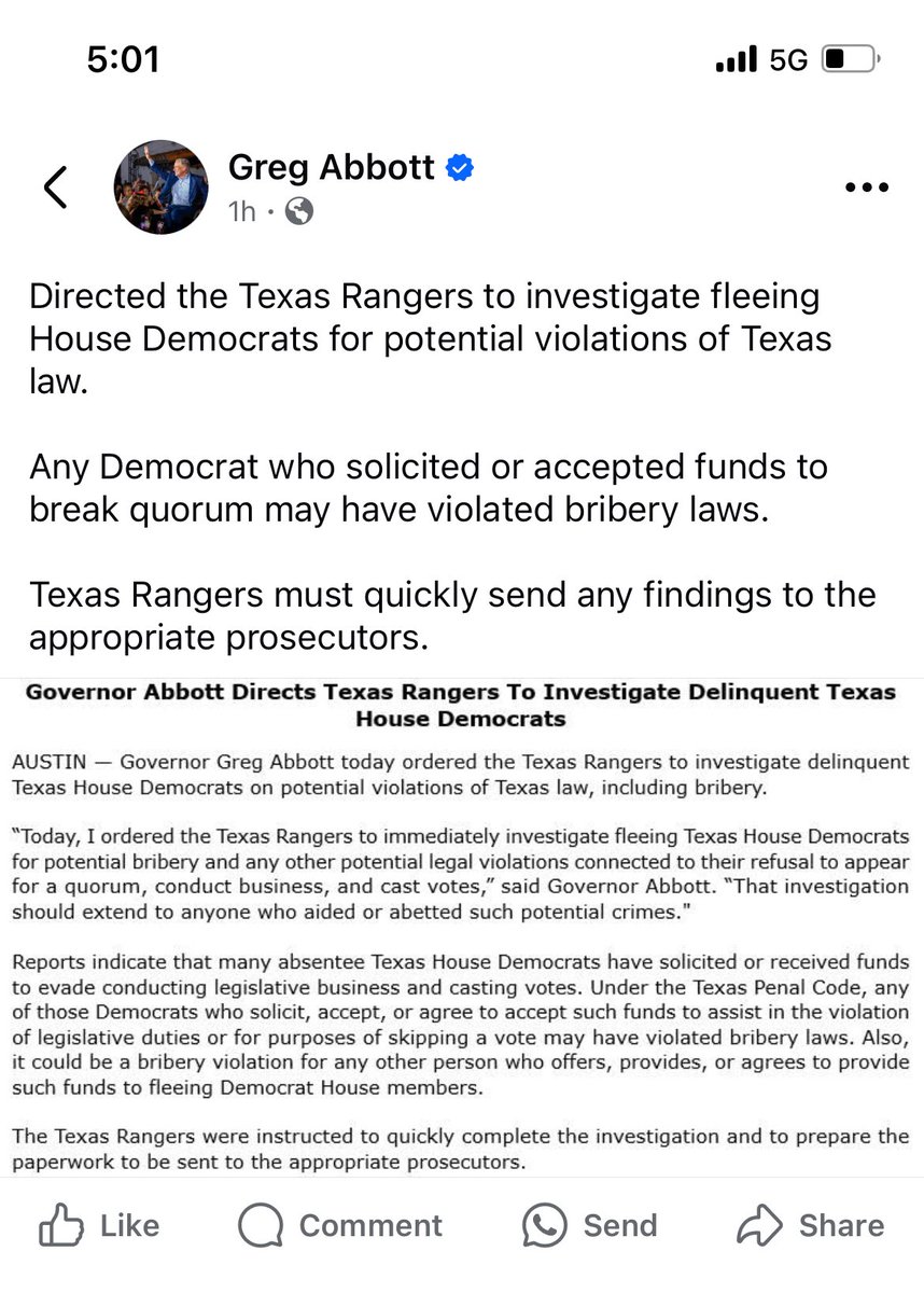 Greg Abbott, the clown who took over $6 million in legal bribes from billionaires to pass school vouchers, threatens Democratic reps who get help with their quorum break fines.

#Texas #quorumbreak #TexasDemocrats #CORRUPTION