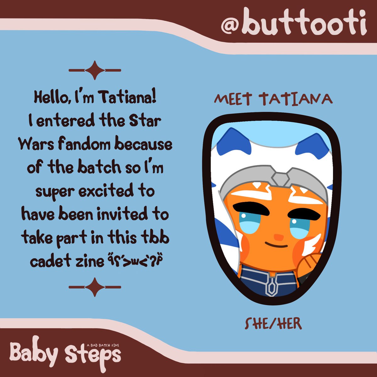 Baby Steps: A Bad Batch Zine (@babystepszine) on Twitter photo 🩵 MEET THE GUESTS! 🩵
Introducing <a href="/buttooti/">tatiana 🌻 animaga G05</a> (she/her) as one of our guest artists! 🩵 MEET THE GUESTS! 🩵
Introducing <a href="/buttooti/">tatiana 🌻 animaga G05</a> (she/her) as one of our guest artists!