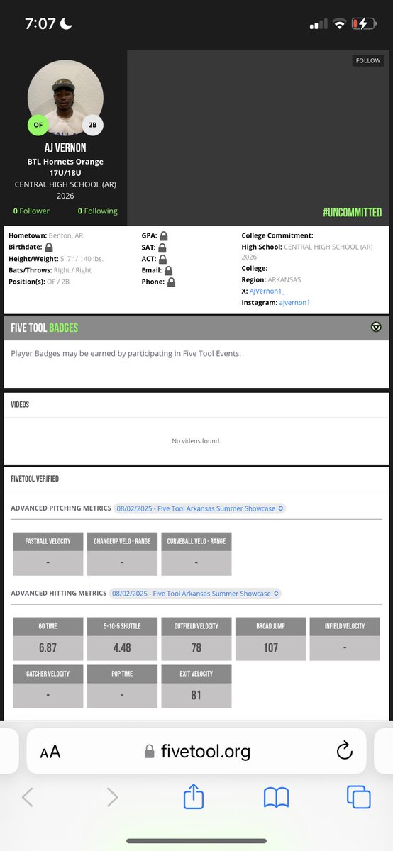 Antwain “Aj” Vernon Jr (@ajvernon1_) on Twitter photo Here are my metrics from <a href="/FiveToolAR/">Five Tool Arkansas</a> summer showcase this weekend.
Top 5 in Speed & Agility
Top 5 in Outfield Velocity
Top 3 in Broad Jump Here are my metrics from <a href="/FiveToolAR/">Five Tool Arkansas</a> summer showcase this weekend.
Top 5 in Speed & Agility
Top 5 in Outfield Velocity
Top 3 in Broad Jump