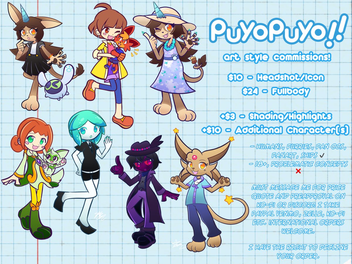 puyo style commishs OPEN 💜

hi :) i need funds to keep myself afloat so i am only offering these commissions! i  offer headshots/icons too!

i am working on other orders too! 🔗 in replies, reposts welcome #puyopuyo #commissionsopen #furryartist #fanartist