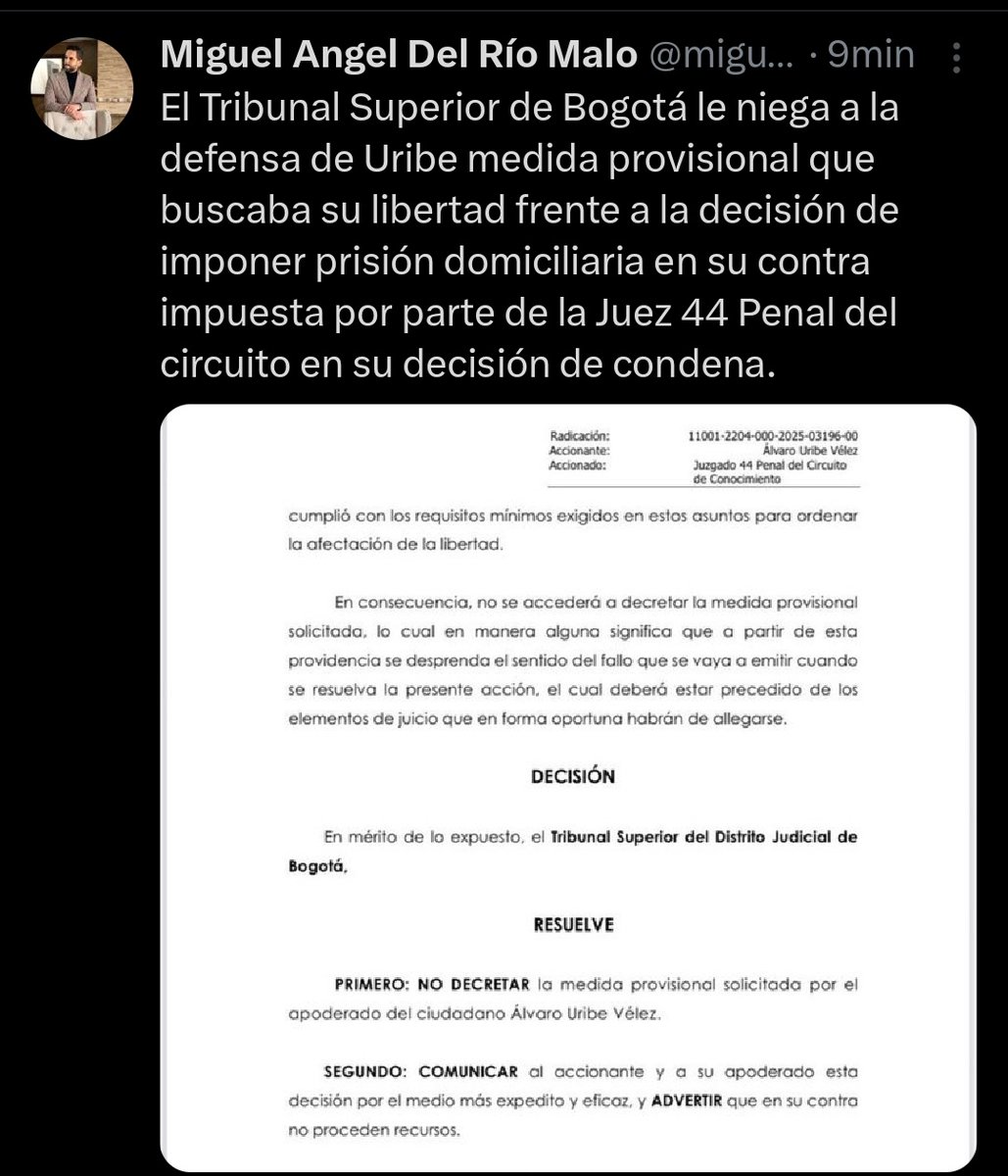 AlfredoD1A (@alfredod1a) on Twitter photo Ya le pueden avisar al seudoperiodista <a href="/ricarospina/">Ricardo Ospina</a>, de la <a href="/BluRadioCo/">BluRadio Colombia</a> que ya le puede decir con mucho dolor a sus oyentes que el Tribunal Superior de Bogotá, negó la tutela a la defensa de Uribe Ya le pueden avisar al seudoperiodista <a href="/ricarospina/">Ricardo Ospina</a>, de la <a href="/BluRadioCo/">BluRadio Colombia</a> que ya le puede decir con mucho dolor a sus oyentes que el Tribunal Superior de Bogotá, negó la tutela a la defensa de Uribe