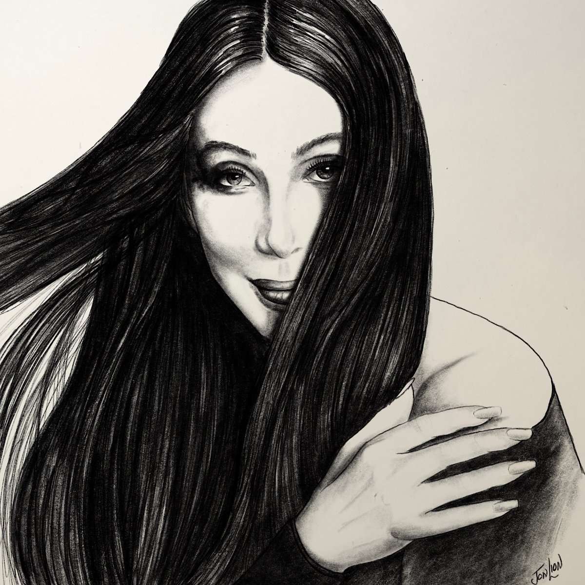 This is my charcoal drawing of Cher…I’ve always wanted to do an oil painting of the same pose. Who will commission me for $600?