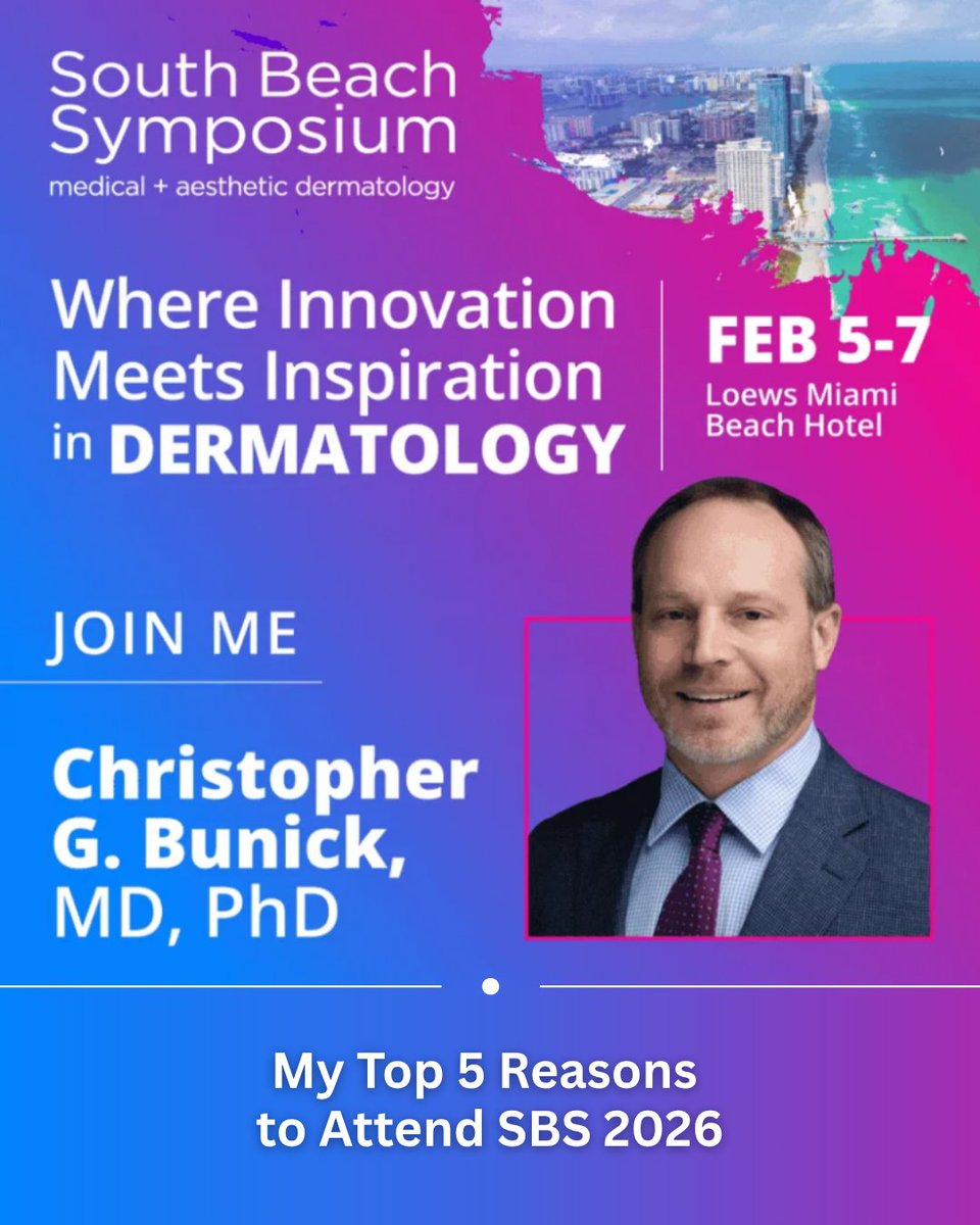 🌴 I'll be at SBS 2026–and I wanted to share why I think you should be there too:
1️⃣ Expert Faculty
2️⃣ Comprehensive Agenda
3️⃣ Ideal Venue
4️⃣ Next-Level Exhibit Hall
5️⃣ All Are Welcome

🔗 go.livderm.org/3Ugy6Bs

- Christopher G. Bunick, MD, PhD

#SBS2026 #SouthBeachSymposium