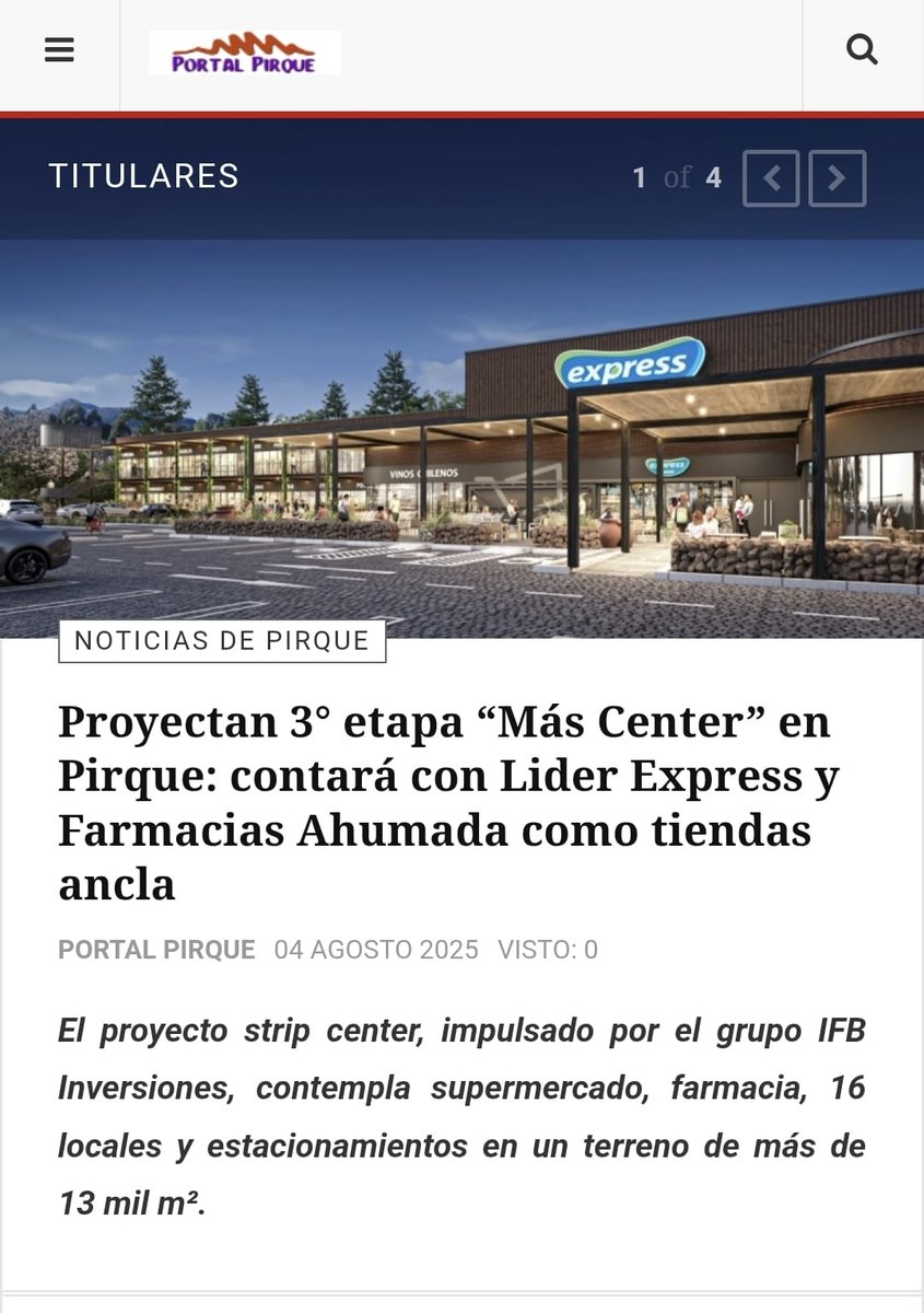 portalpirque's tweet photo. 🏗️ Proyectan 3° etapa “Más Center” en Pirque
Contará con Lider Express, Farmacias Ahumada, 16 locales y 159 estacionamientos.
Nuevo strip center busca responder al crecimiento urbano de la comuna.
📎 https://t.co/DvuctZzg4G
#Pirque #MásCenter #CentroComercial #LiderExpress https://t.co/lgy4k7np4h