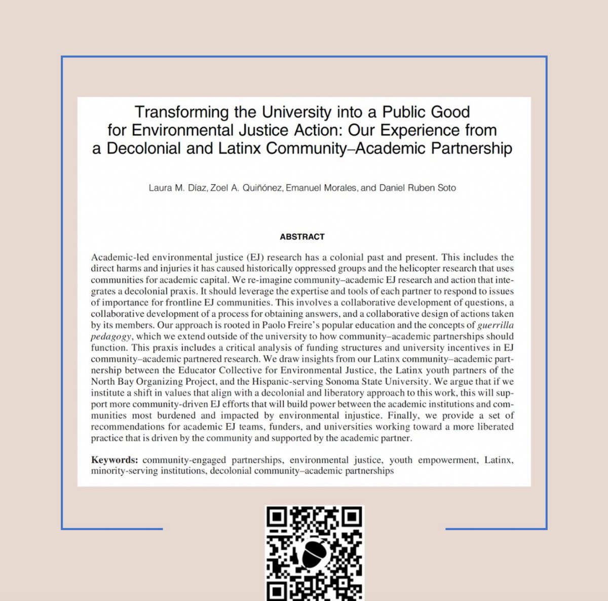 LauraMarDiaz's tweet photo. I am thrilled to share our publication in Environmental Justice (Journal)- 

“Transforming the University into a Public Good for Environmental Justice Action: Our Experience from a Decolonial and Latinx Community–Academic Partnership”. 

https://t.co/ELtJ87dxmf

#EJ https://t.co/Ih87y5FN24