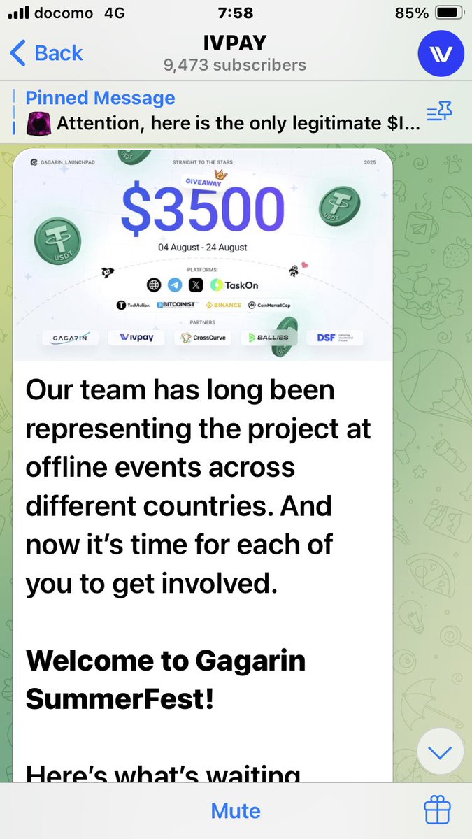 MituruCrypto's tweet photo. 先日発表された「ドバイの銀行とのホワイトラベル提携稼働開始」に続き、
IVPAYがCoinMarketCap・Binance・Yahoo Finance等がサポートする国際イベント「Gagarin SummerFest」に公式パートナーとして参加を発表。

イベントは3週間にわたり開催され、8月20日にはIVPAYのAMAも予定。

いよいよマーケティングフェーズに本格突入か。
今後の展開に注目していきます。

#IVPAY #GagarinFest #Web3決済 #仮想通貨
#CoinMarketCap #Binance  #YahooFinance