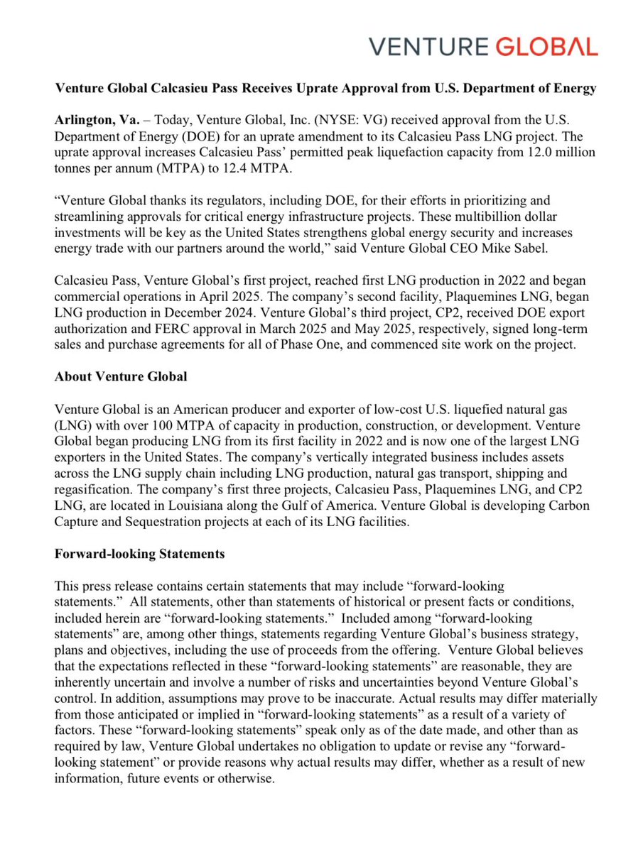 Venture Global LNG (@venture_global) on Twitter photo Venture Global’s Calcasieu Pass received approval from the US Dept of <a href="/ENERGY/">U.S. Department of Energy</a> for an uprate amendment to increase the facility’s permitted peak liquefaction capacity from 12.0 mtpa to 12.4 mtpa. More US LNG to strengthen global energy security & increase energy trade. Venture Global’s Calcasieu Pass received approval from the US Dept of <a href="/ENERGY/">U.S. Department of Energy</a> for an uprate amendment to increase the facility’s permitted peak liquefaction capacity from 12.0 mtpa to 12.4 mtpa. More US LNG to strengthen global energy security & increase energy trade.