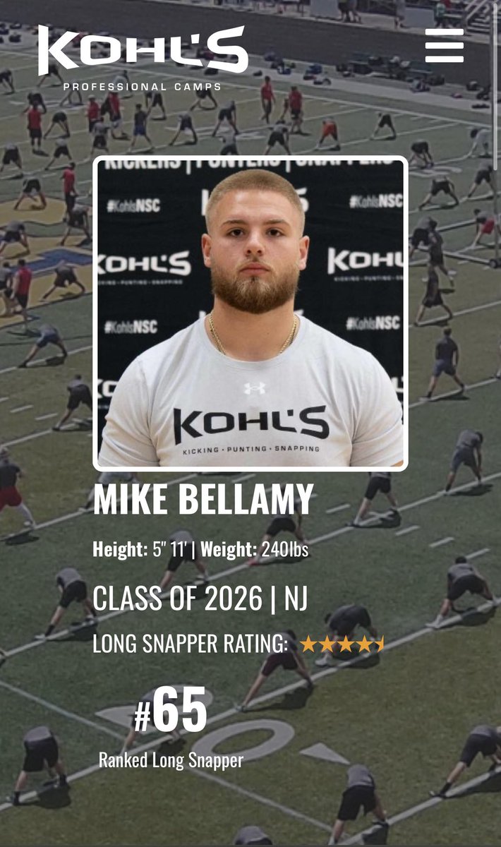 MikeBellamy50's tweet image. After the kohls national camp I am now ranked a 4.5 ⭐️ and the #2 long snapper in NJ. 
@seancarty9 @DelgadoLS47 @KohlsSnapping @KohlsHighlights @Coach_Casper