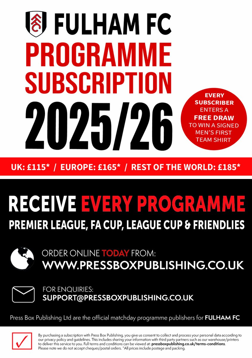 Get your Fulham FC programmes delivered to your door with a Season Subscription from pressboxpublishing.co.uk + have the chance to win a Signed Men's First Team Shirt!