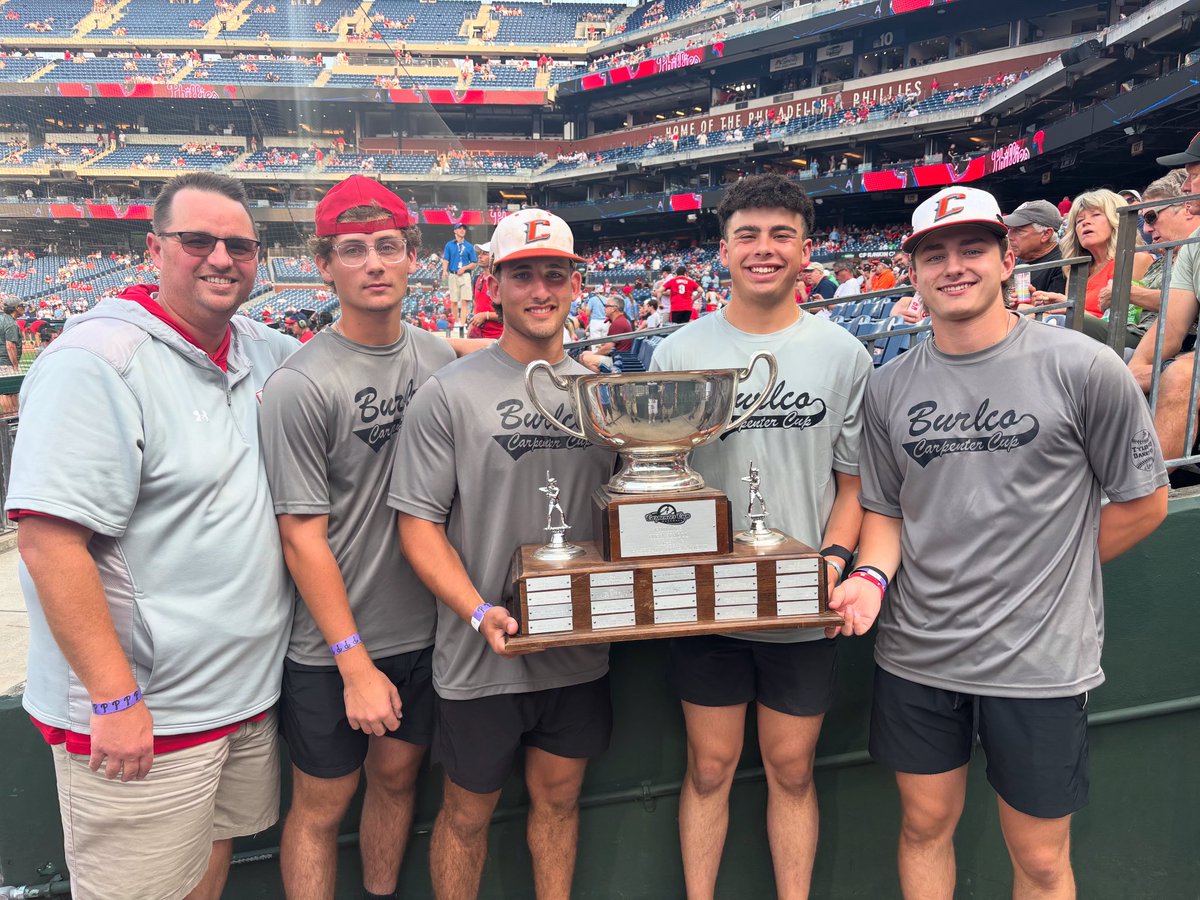 Baseball:  At Citizen’s Bank Park celebrating the 2025 Carpenter Cup Champs from Burlington County:  Coach Petragnani, Brett Jackson, Alex Odud, Josh Litsky, and Henry Radbill.